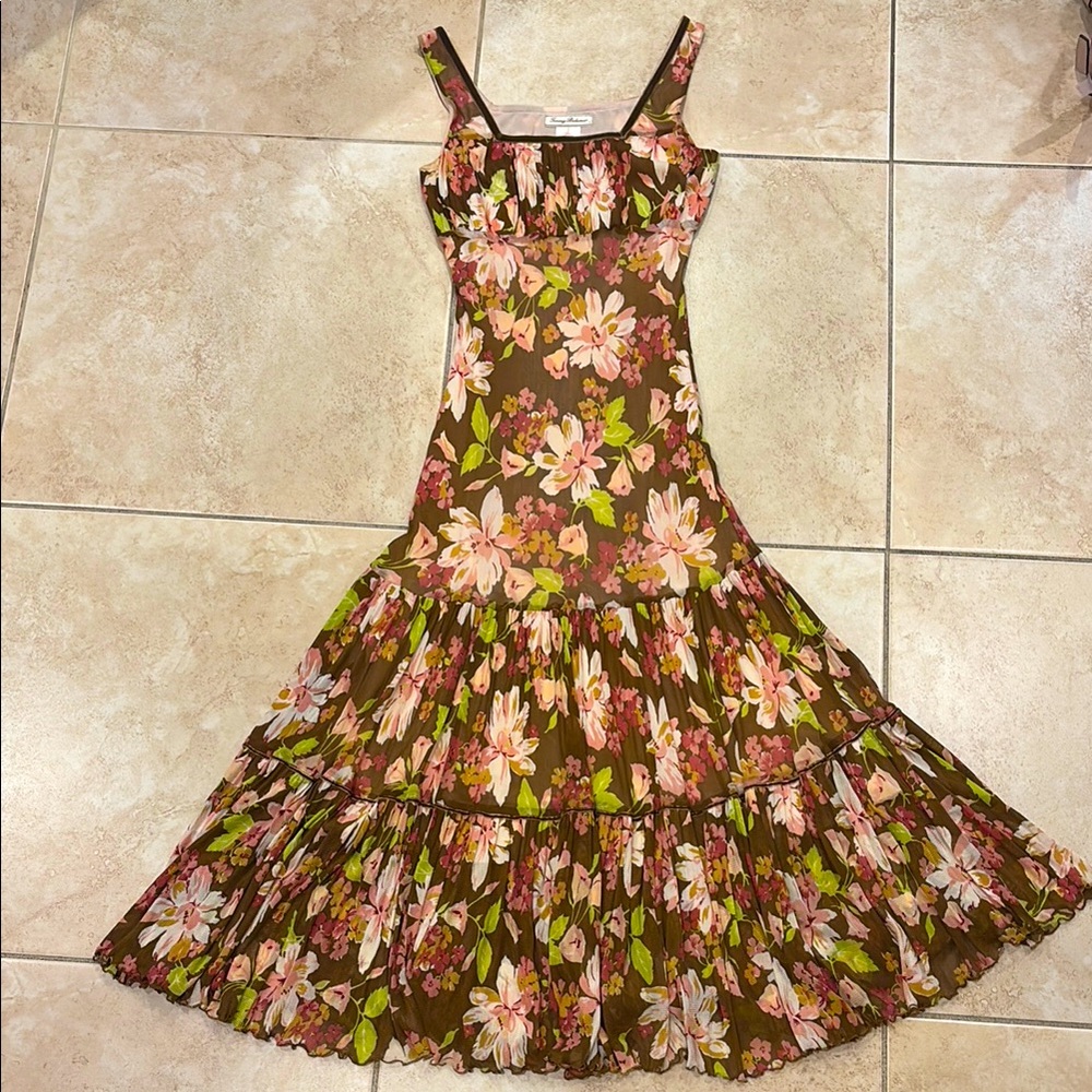 Tommy Bahama Brown Floral Midi Dress with Pink & Green Accents